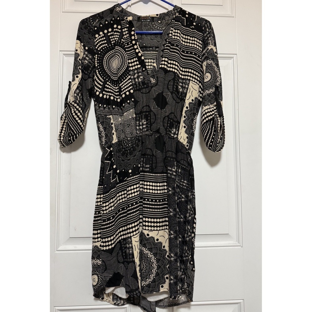 Renee C Black And White Geometric Print Dress With Quarter Sleeves Size Medium